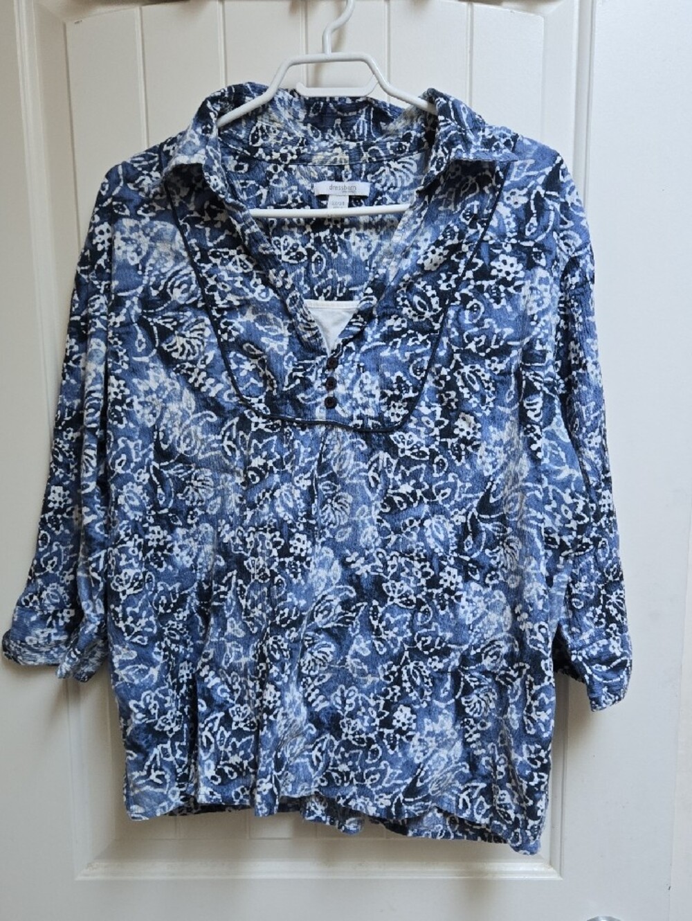 dressbarn Plus Suze 22/24 Blue and White Printed Women's Button-Down Shirt